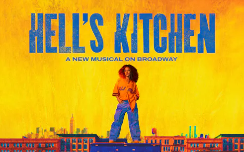 Hell's Kitchen musical poster with performer on a rooftop, New York City skyline.