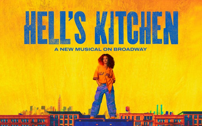 Hell's Kitchen musical poster with performer on a rooftop, New York City skyline.