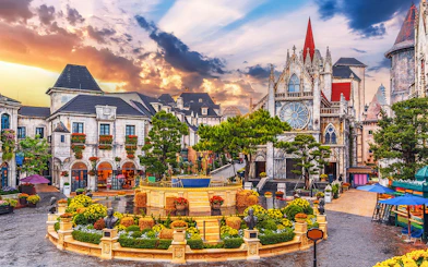 Catholic cathedral on square in Ba Na Hills Park, Da Nang, Vietnam.