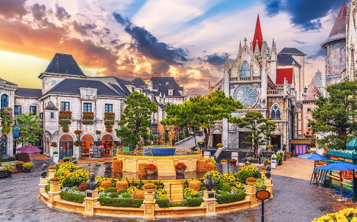 Catholic cathedral on square in Ba Na Hills Park, Da Nang, Vietnam.