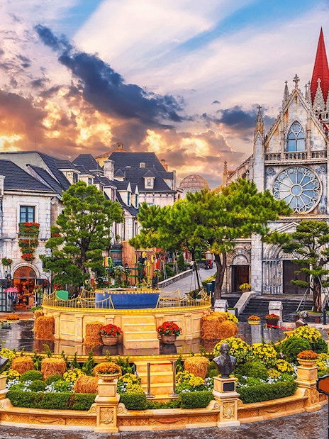 Catholic cathedral on square in Ba Na Hills Park, Da Nang, Vietnam.