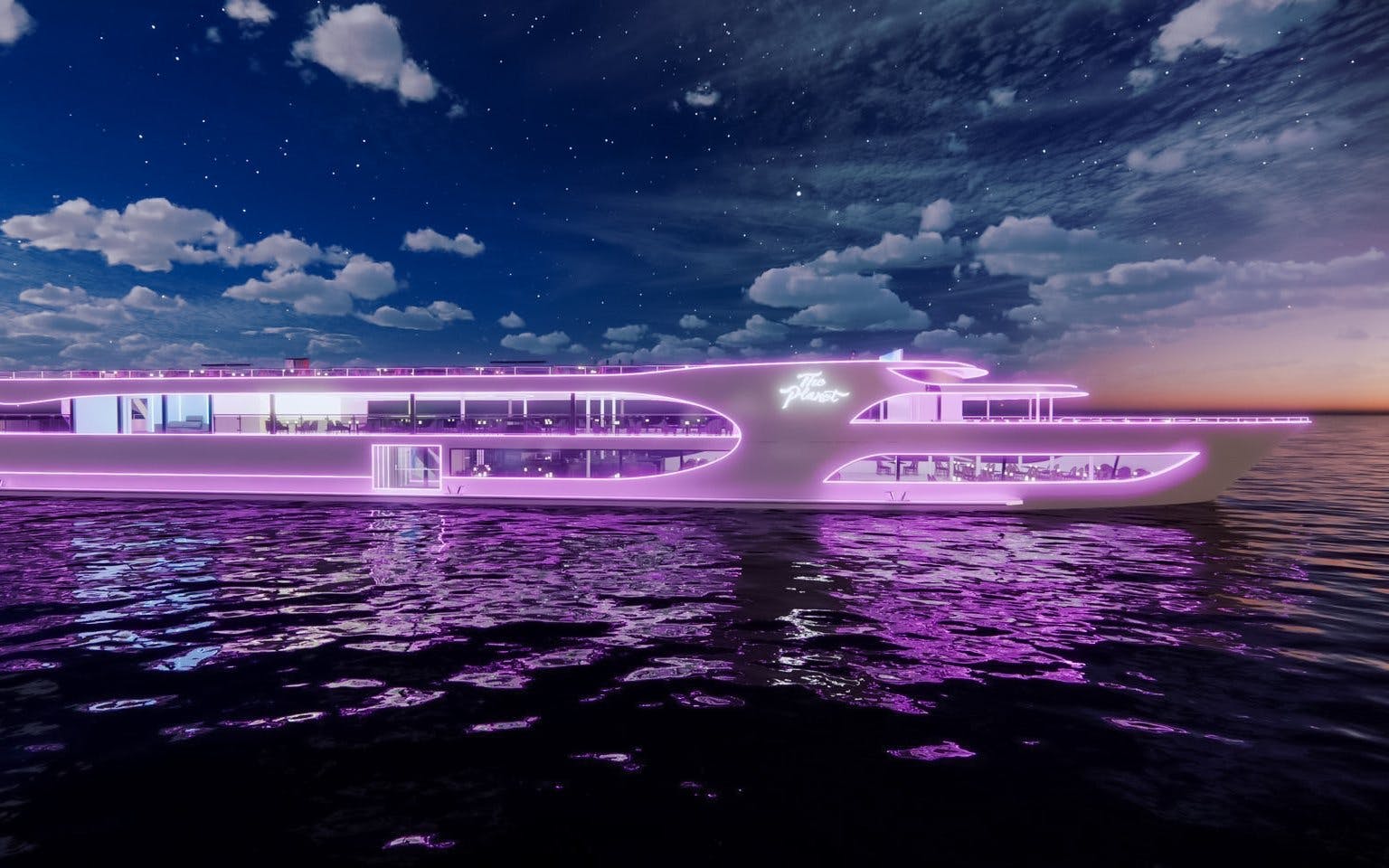 Dinner cruise ship with neon lights sailing at sunset from Asiatique Pier.