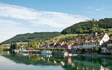Stein am Rhein village along the Rhine River with medieval buildings and hillside view.
