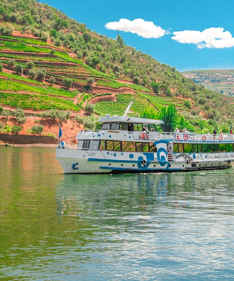 Cruise boat on Douro River with terraced vineyards in Douro Valley, Portugal.