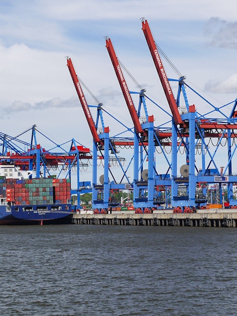 Container ship at Hamburg port near Elbphilharmonie during guided tour.