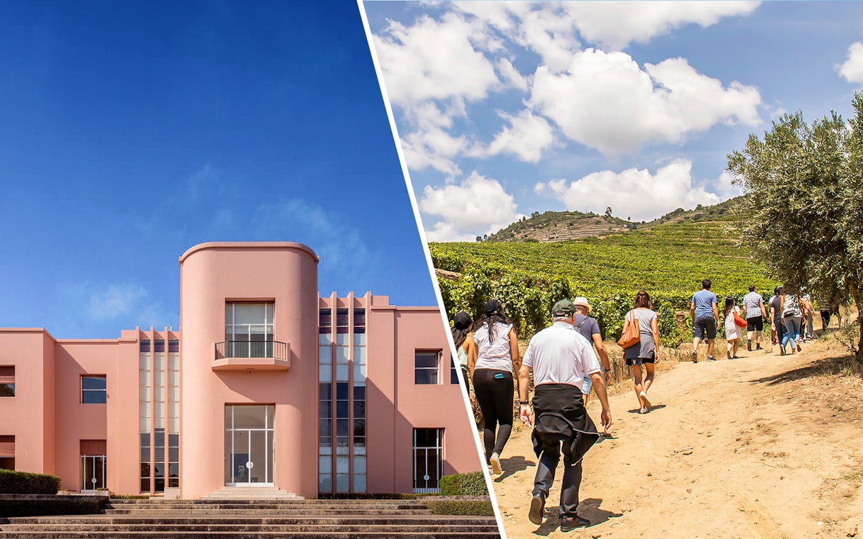 Serralves Foundation building and group touring Douro Valley vineyards.