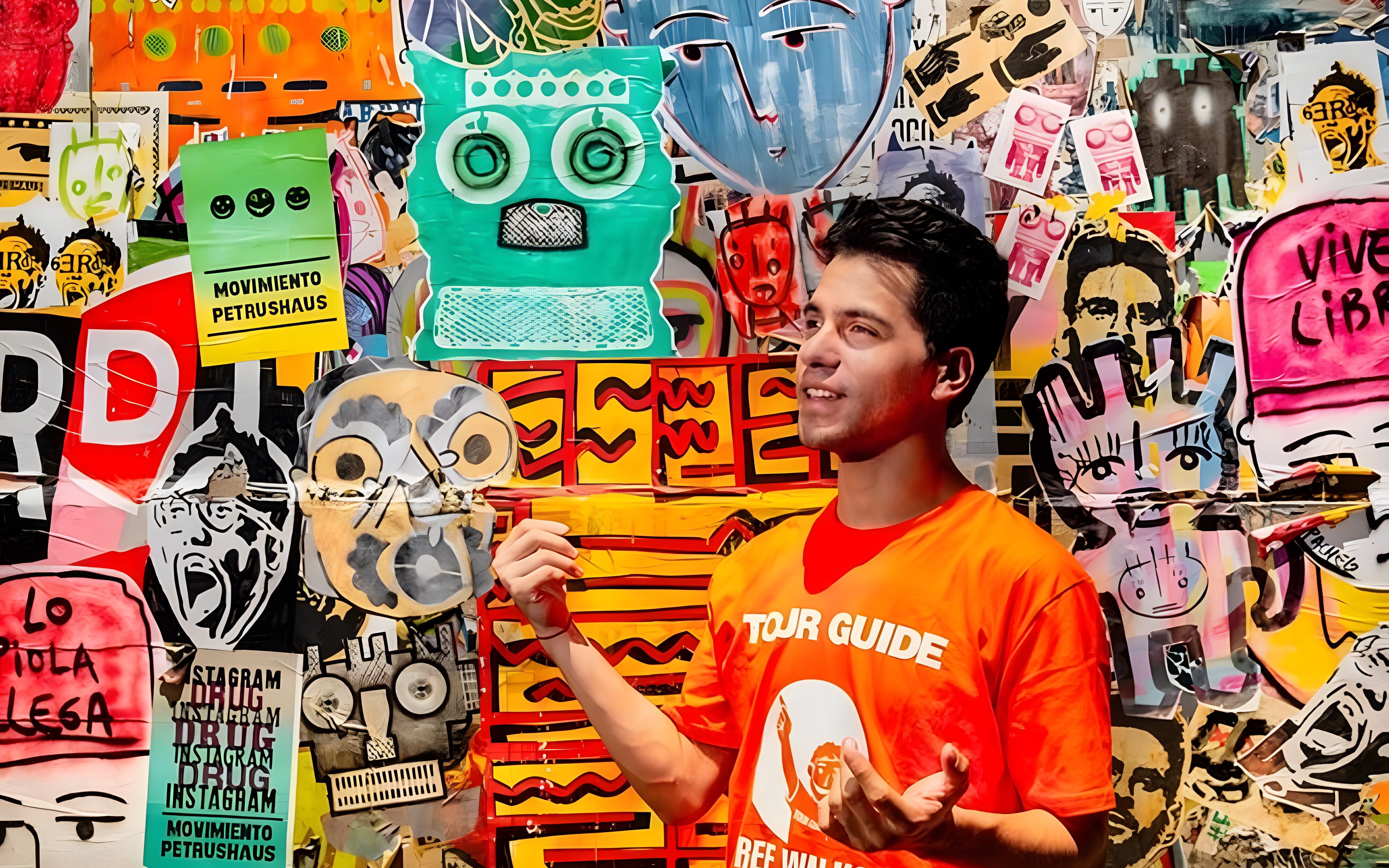 Tour guide explaining vibrant graffiti art in Buenos Aires.