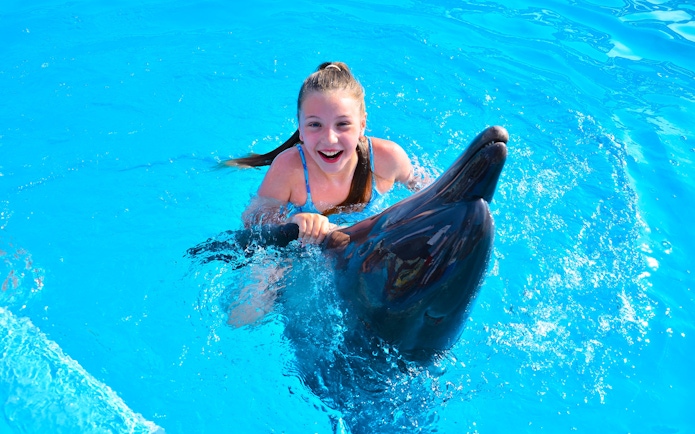 Girl swimming with dolphin at Dolphin World Egypt, Hurghada.