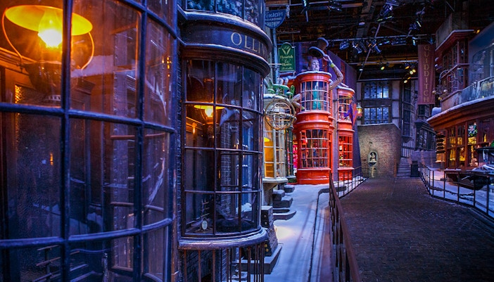 Hogwarts Great Hall adorned with Christmas decorations during Harry Potter Warner Bros. Studio Tour, London.