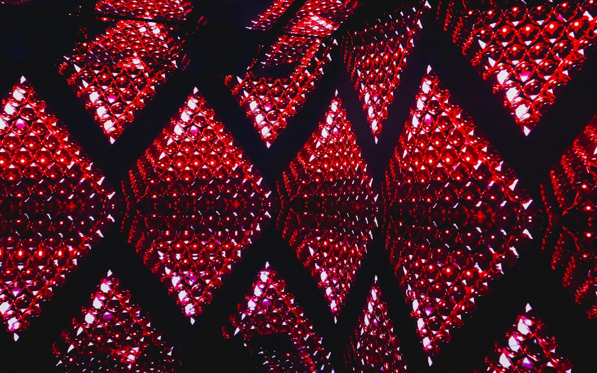 Red geometric light display at MIRACLEWORLD Osaka.