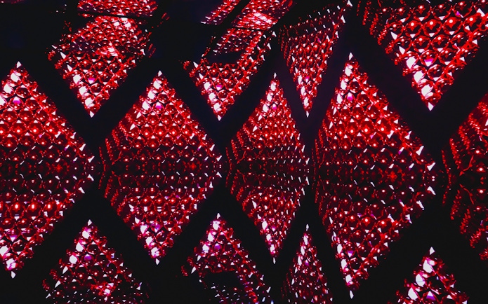 Red geometric light display at MIRACLEWORLD Osaka.
