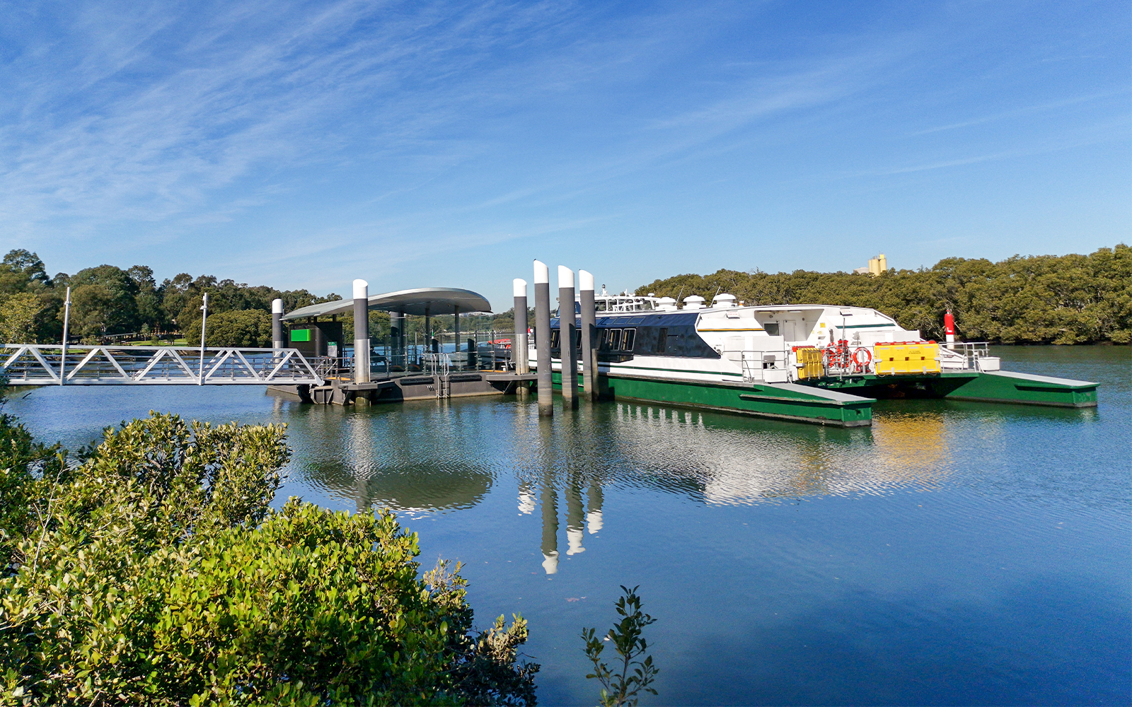 Ferry approaching Rydalmere Wharf on Parramatta River, Sydney.