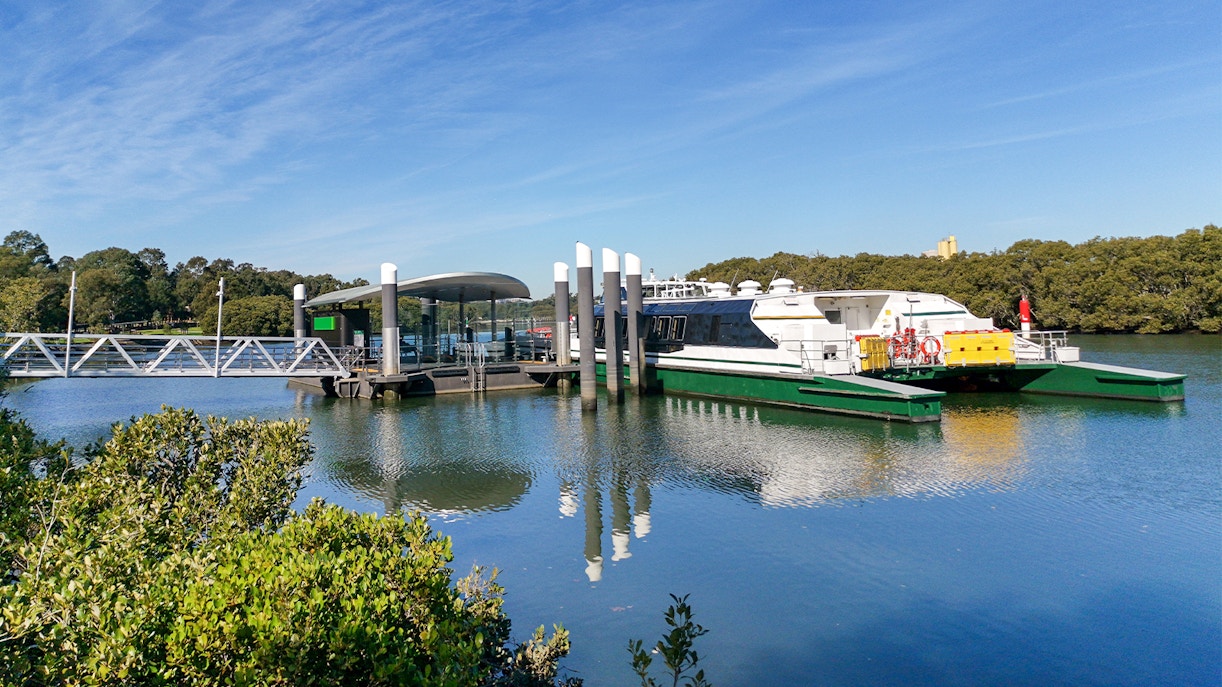 Ferry approaching Rydalmere Wharf on Parramatta River, Sydney.