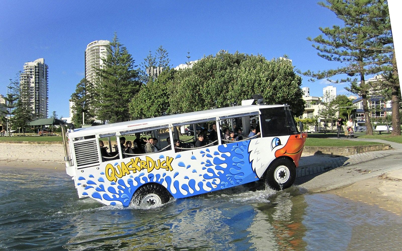 Quack'R Duck amphibious vehicle entering water on Gold Coast city tour.