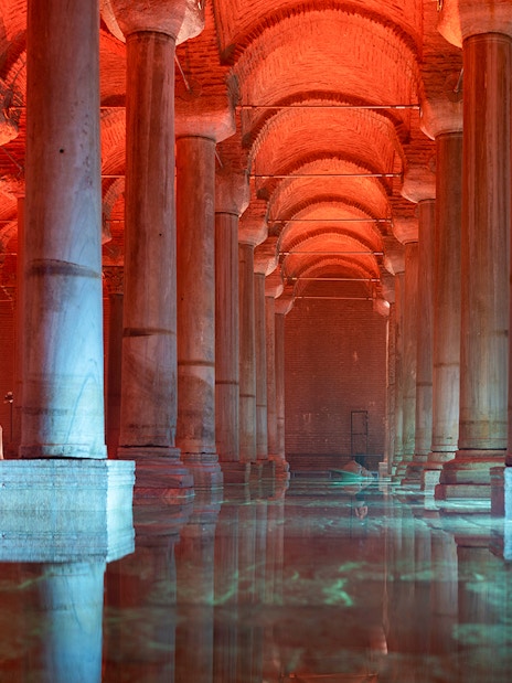 Renovated Basilica Cistern with illuminated columns, Sultanahmet District, Istanbul.