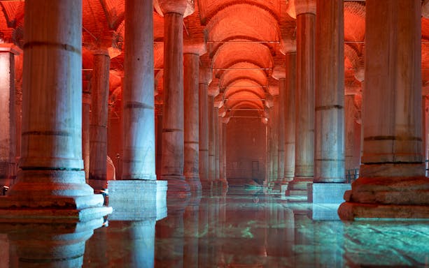 Renovated Basilica Cistern with illuminated columns, Sultanahmet District, Istanbul.