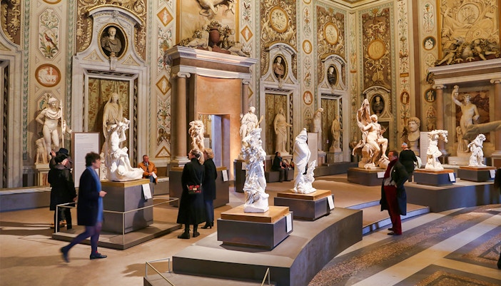 Borghese Gallery sculptures in Rome showcasing classical art and intricate marble details.