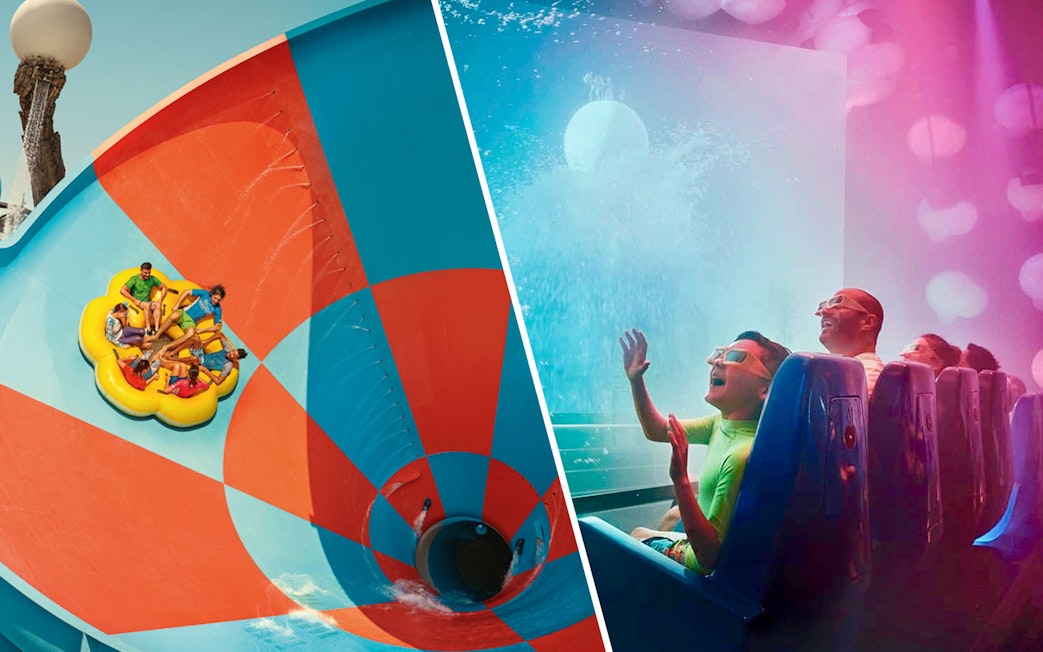 Visitors enjoying water rides at Yas Waterworld Abu Dhabi with a free Qasr Al Watan ticket.