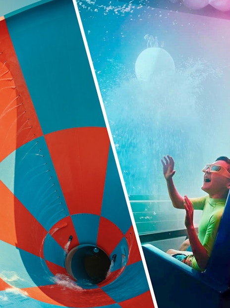 Visitors enjoying water rides at Yas Waterworld Abu Dhabi with a free Qasr Al Watan ticket.