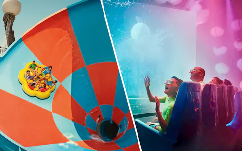 Visitors enjoying water rides at Yas Waterworld Abu Dhabi with a free Qasr Al Watan ticket.