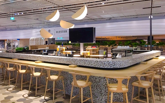 Bar area at BLOSSOM by SATS, Plaza Premium Lounge, Singapore Changi Airport.