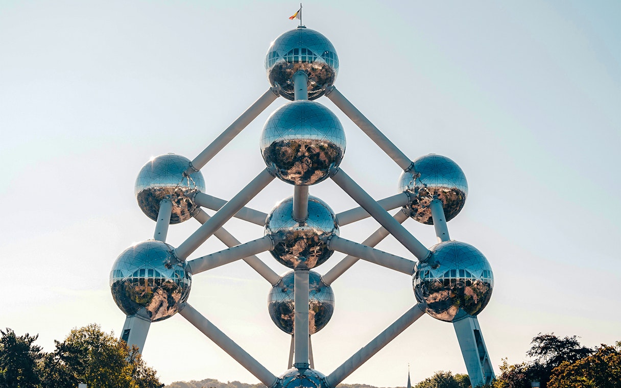 Atomium structure with reflective spheres in Brussels, Belgium.