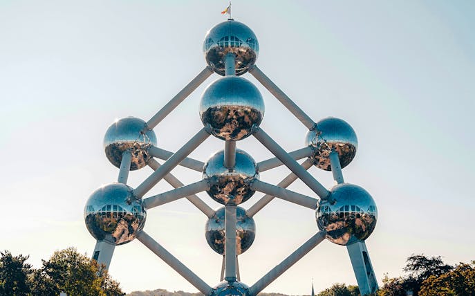 Atomium structure with reflective spheres in Brussels, Belgium.
