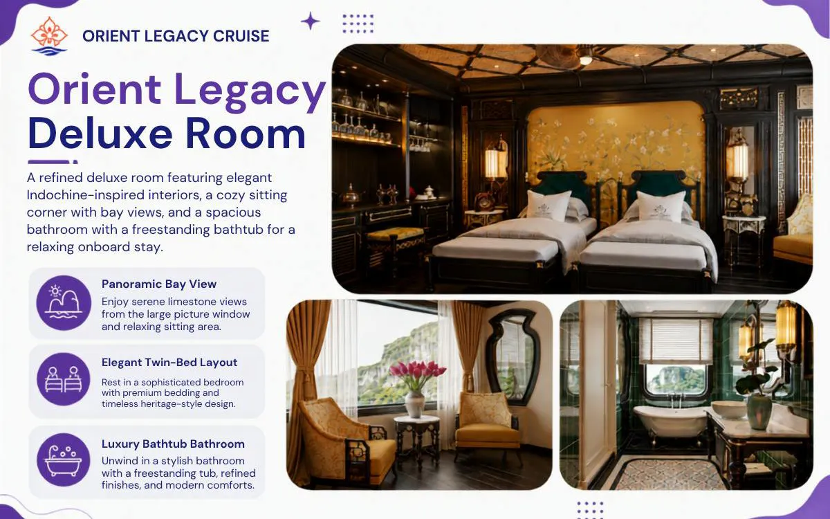 Luxury twin-bed room with Indochine decor on Ha Long & Lan Ha Bay cruise, featuring bay view and freestanding bathtub.