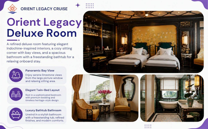 Luxury twin-bed room with Indochine decor on Ha Long & Lan Ha Bay cruise, featuring bay view and freestanding bathtub.