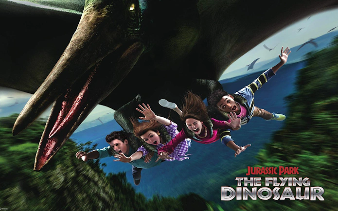 Visitors on Jurassic Park Flying Dinosaur ride at Universal Studios Japan.
