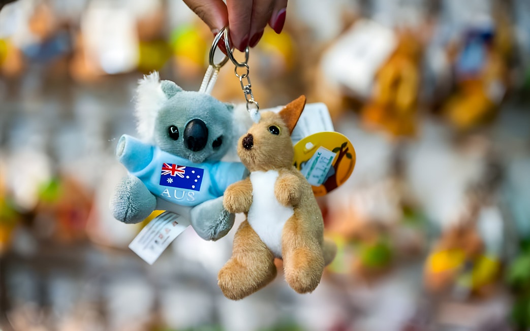 Koala and kangaroo keychains at Featherdale Wildlife Park gift shop.