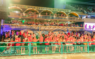 Salgueiro School rehearsal with crowd in red shirts, Rio de Janeiro.