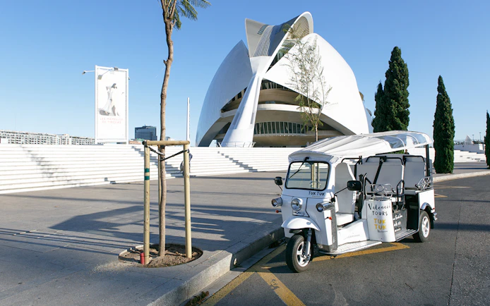 Tuk Tuk parked near Valencia's City of Arts and Sciences.