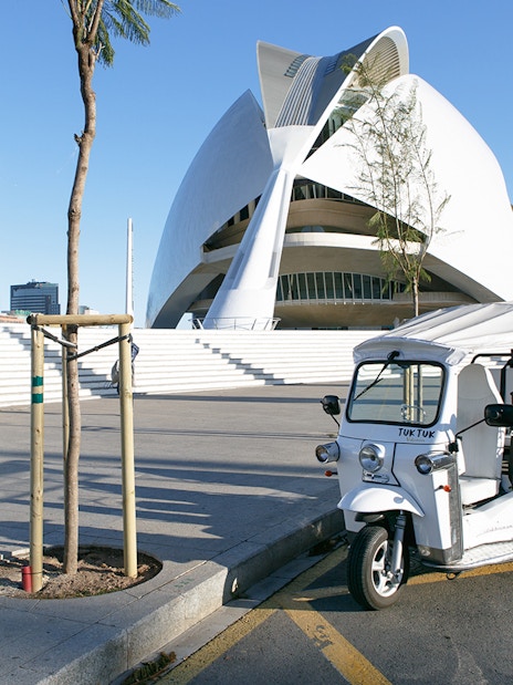 Tuk Tuk parked near Valencia's City of Arts and Sciences.