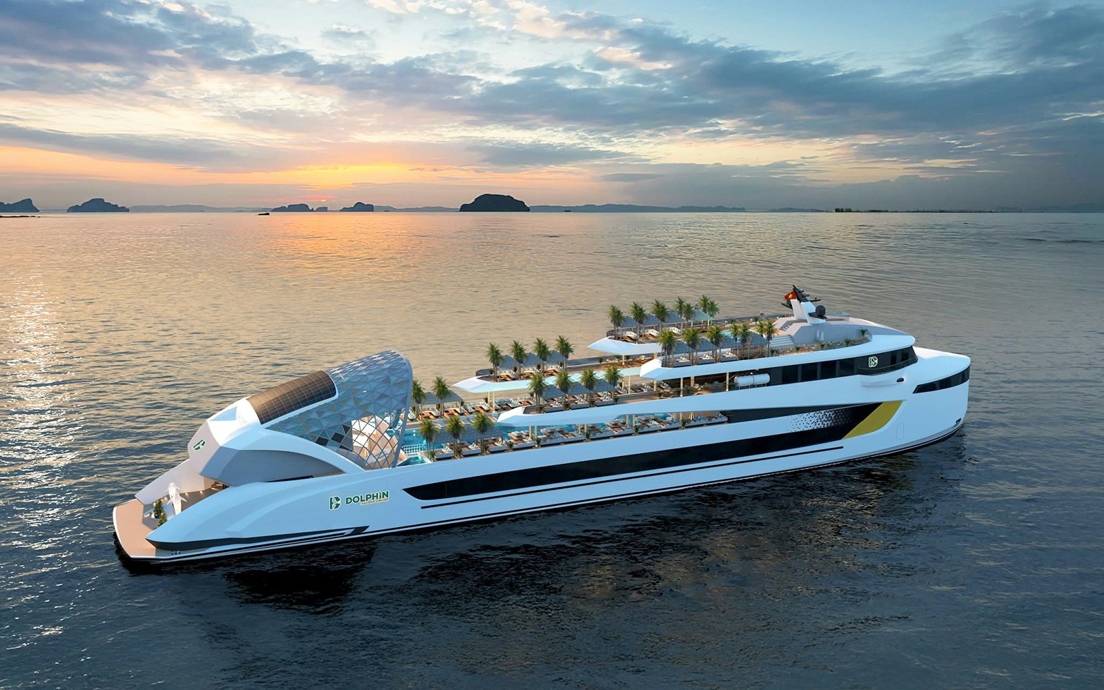 Luxury cruise ship on calm waters at sunset in Halong Bay.