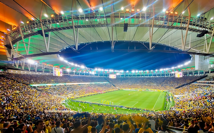 Spectators watching a football match at Maracanã Stadium, Rio de Janeiro, Brazil.