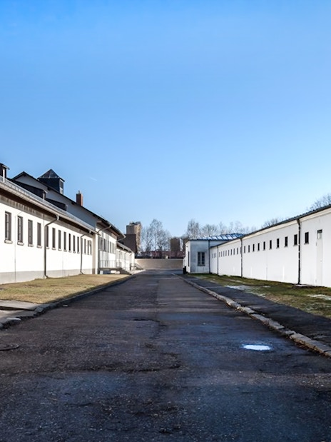 Dachau Concentration Camp buildings and pathway on guided tour from Munich.