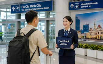 Assistant holding Fast-Track Vietnam sign at Da Nang International Airport.
