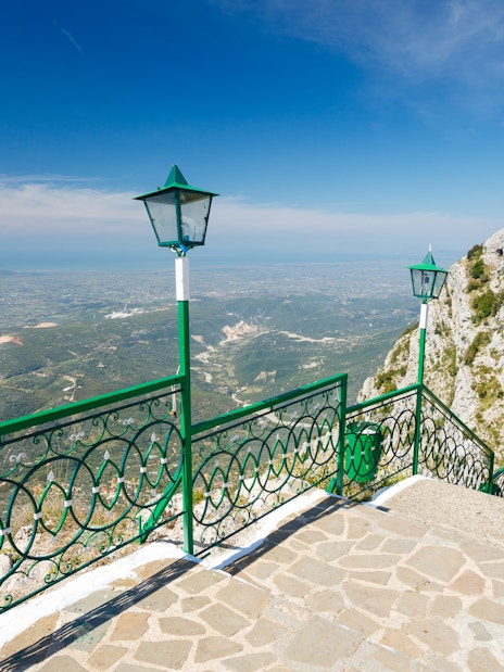 View from Sari Saltik, Kuja, Albania overlooking landscape and mountains.