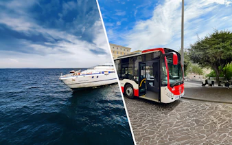 Ferry on the sea and bus on a street, representing transport from Naples Airport to Capri.