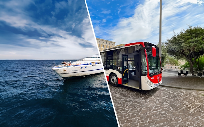 Ferry on the sea and bus on a street, representing transport from Naples Airport to Capri.