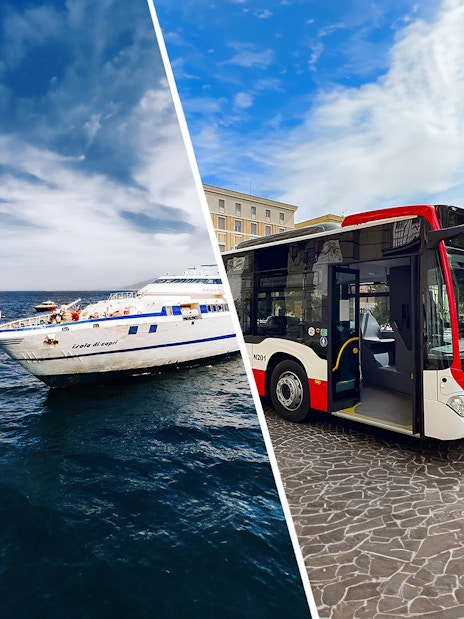 Ferry on the sea and bus on a street, representing transport from Naples Airport to Capri.