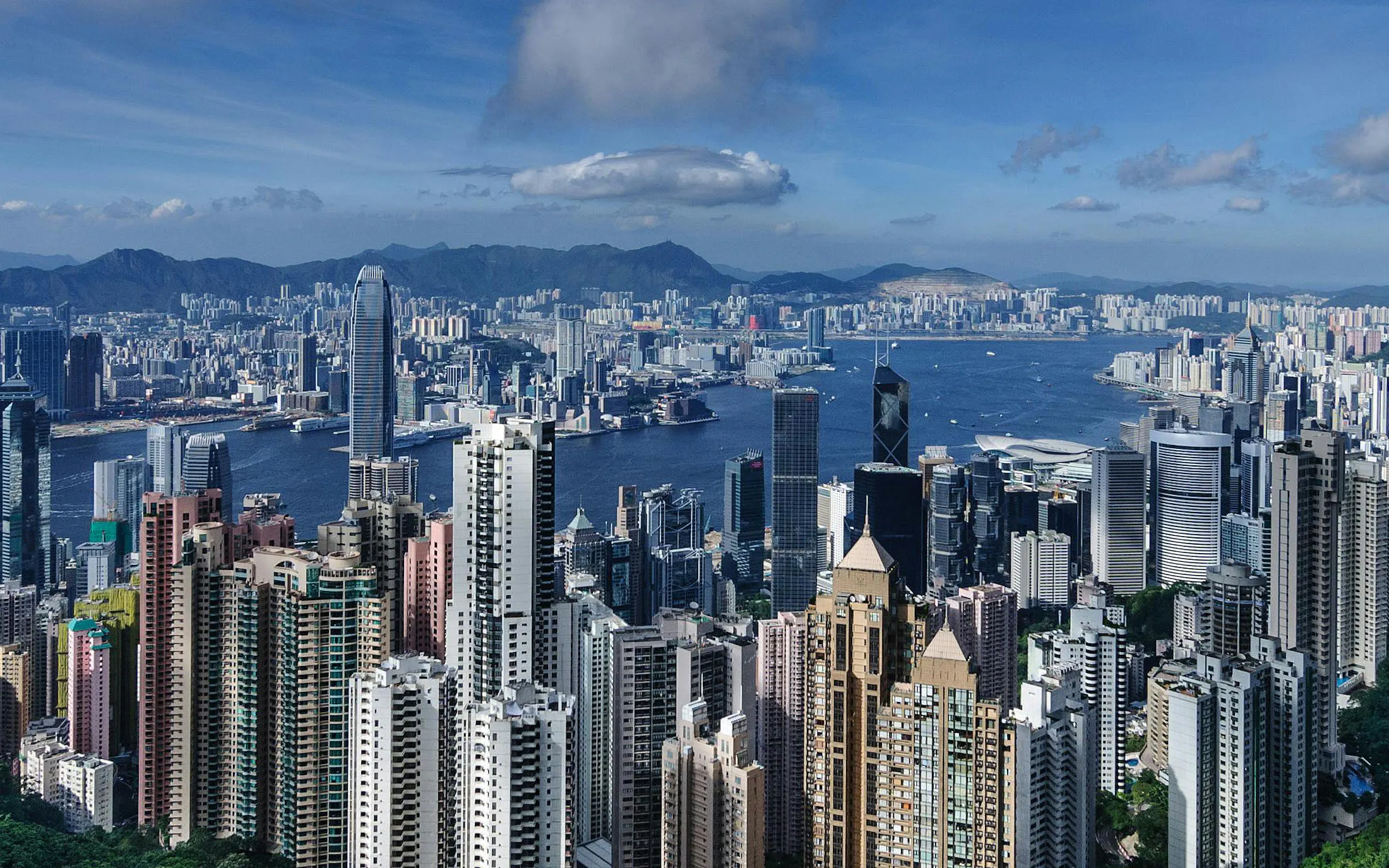 Hong Kong skyline view from Victoria Peak with skyscrapers and harbor.