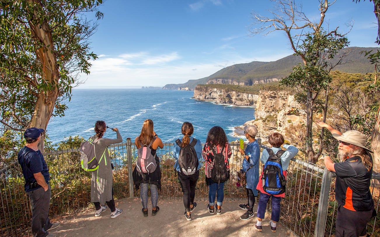 Group overlooking cliffs and ocean on Port Arthur tour, Tasmania.