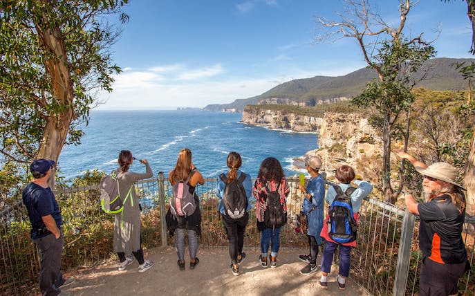 Group overlooking cliffs and ocean on Port Arthur tour, Tasmania.