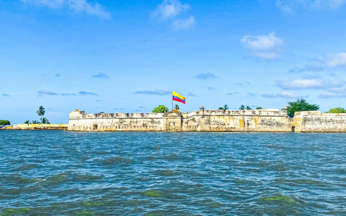 Fort San Fernando with Colombian flag, Rosario Islands, Cartagena coast.
