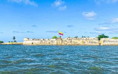 Fort San Fernando with Colombian flag, Rosario Islands, Cartagena coast.