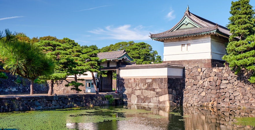 Kikyo-bori moat with water plants near Tokyo Imperial Palace, Japan.