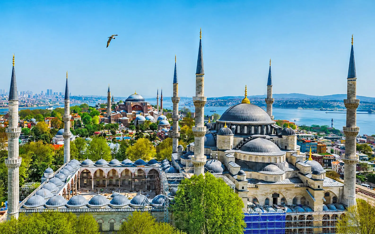 Hagia Sophia and Blue Mosque with Bosphorus view in Istanbul.