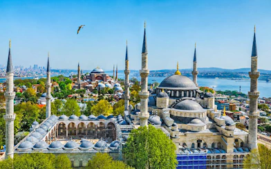 Hagia Sophia and Blue Mosque with Bosphorus view in Istanbul.
